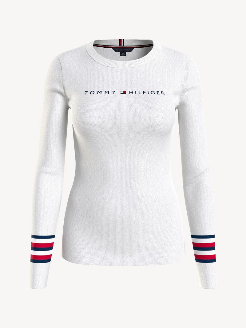 Női Tommy Hilfiger Signature Stripe Logo Pulóverek Fehér | HU 366AHK